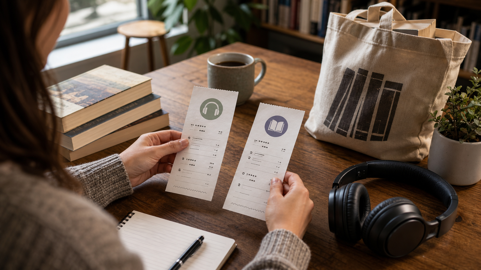 Reader comparing Audible and Libro.fm audiobook choices