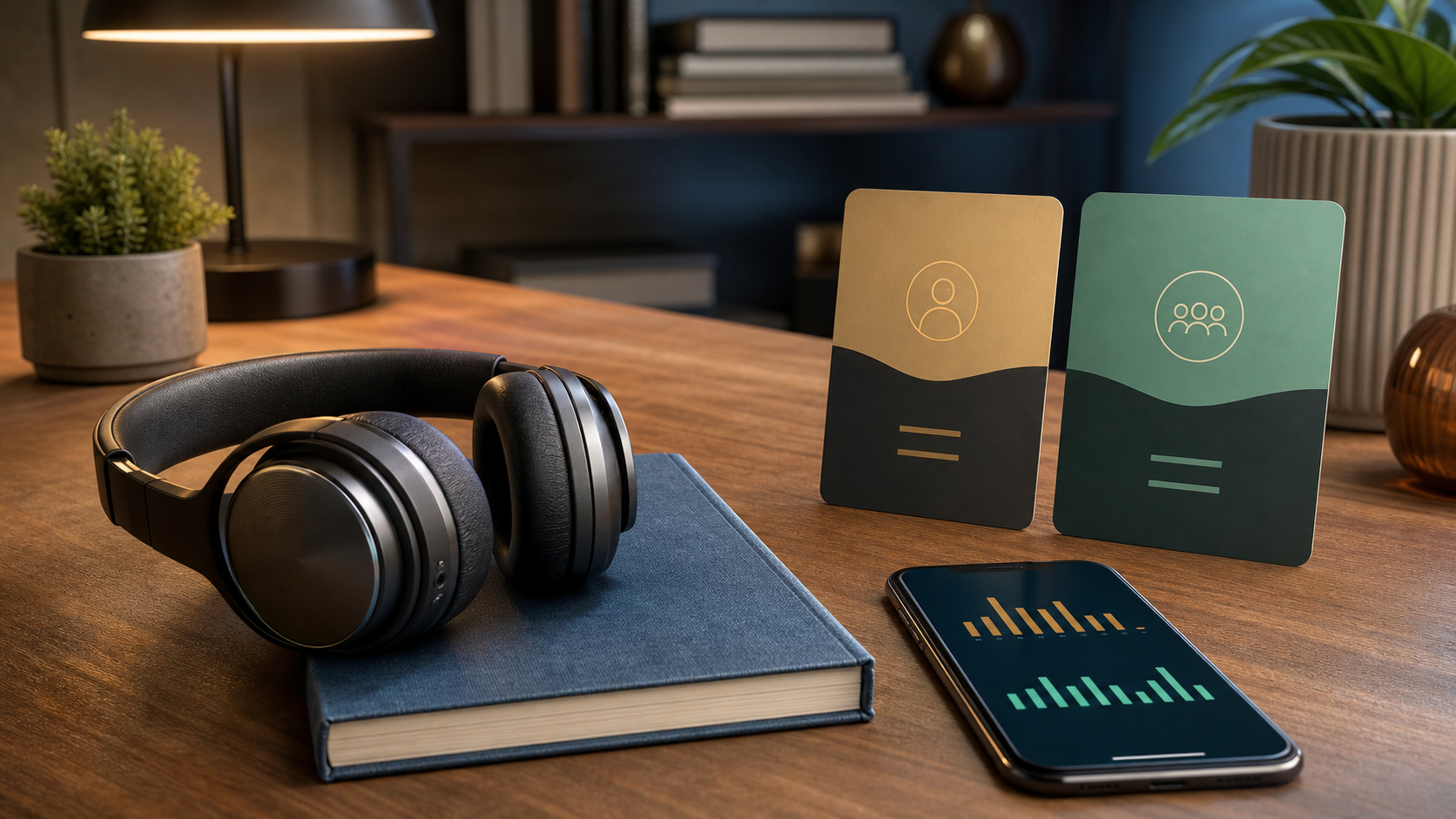 Audible vs Spotify Audiobooks comparison desk with headphones and subscription cards
