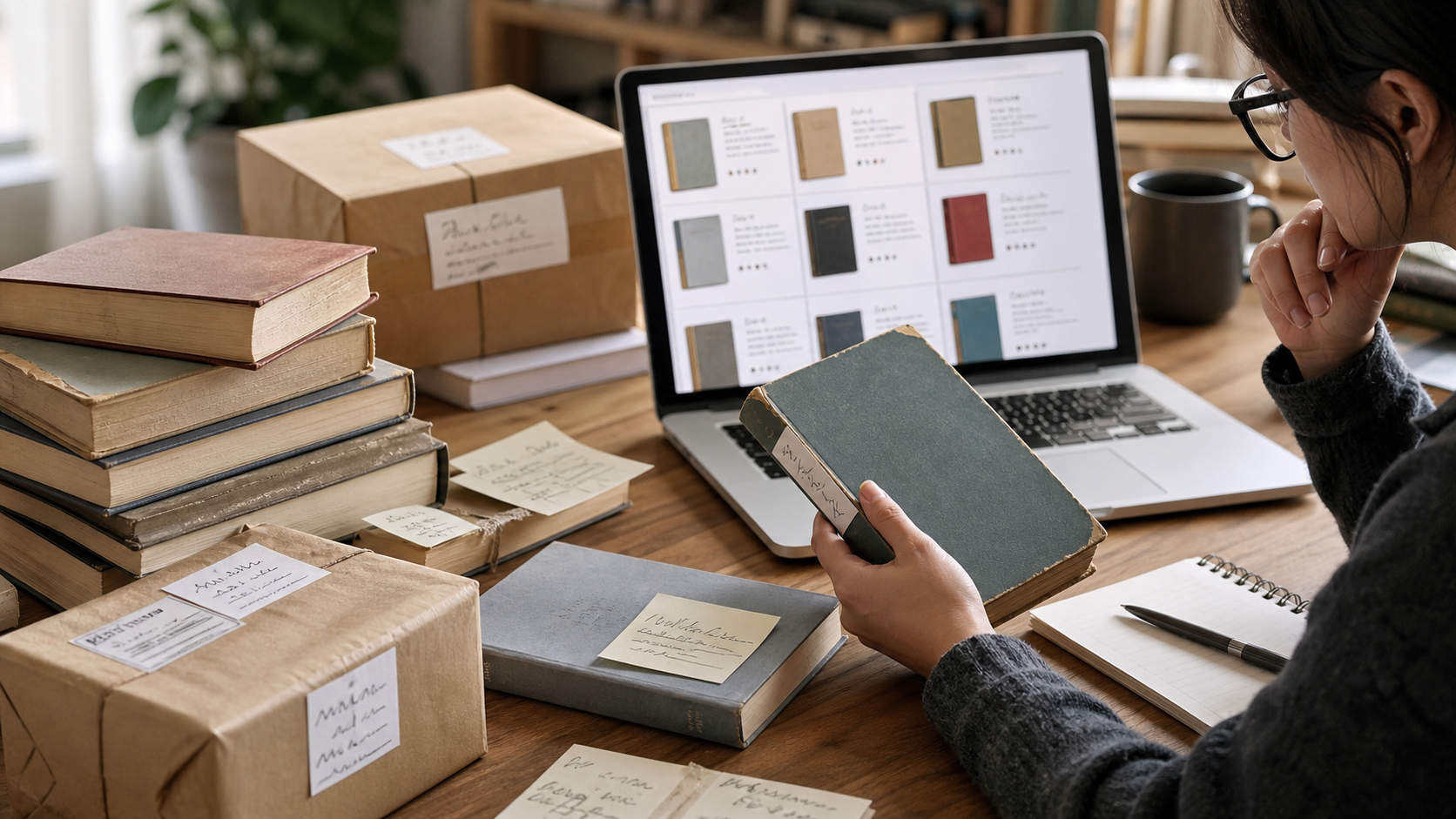 Used books, parcel labels, and condition notes for a Better World Books review
