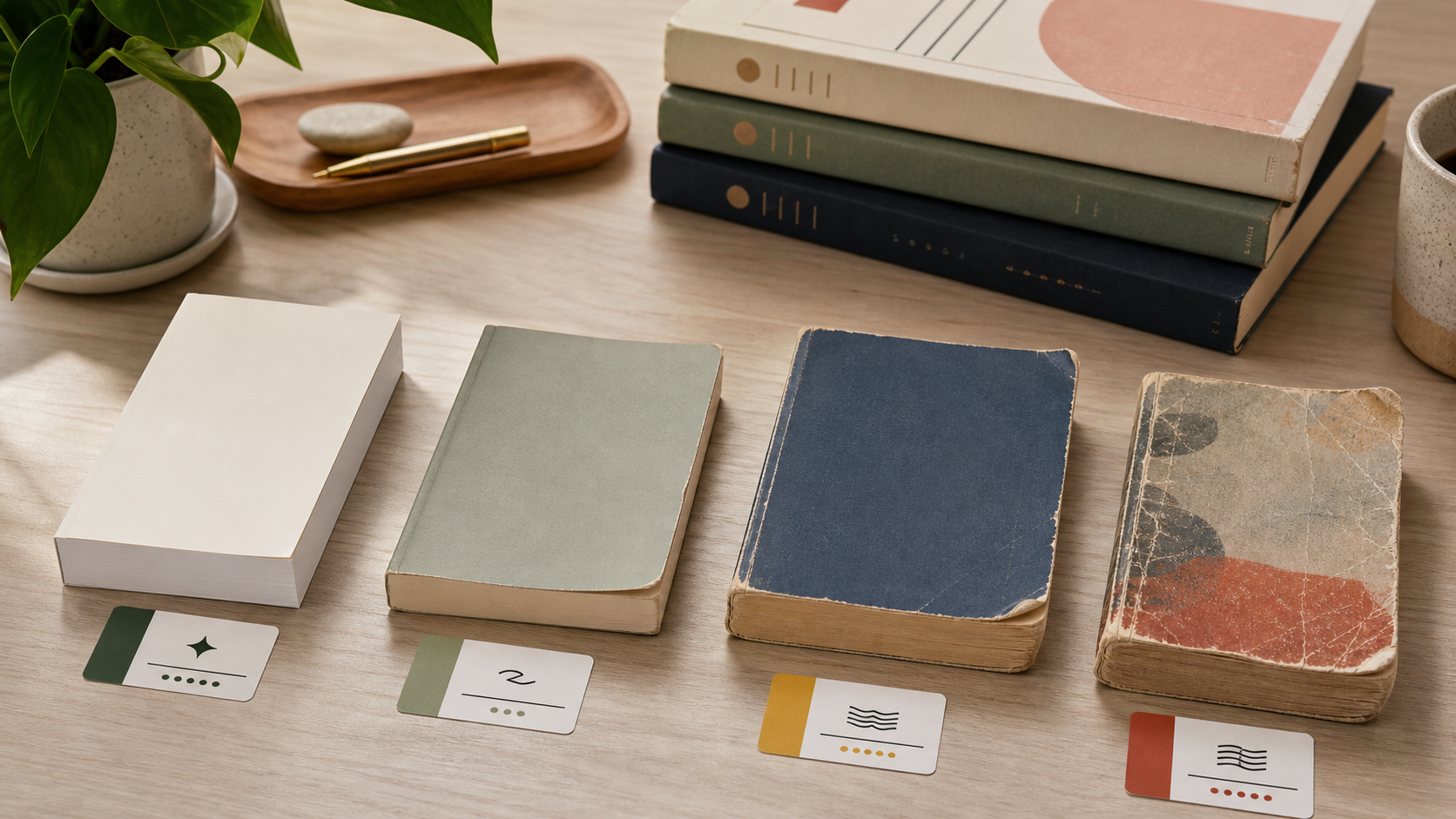 Used books arranged by condition grade for a World of Books review